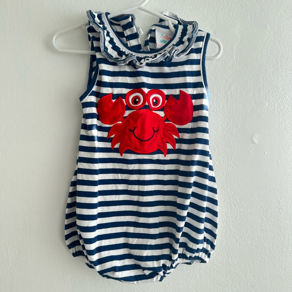Stitchy Fish Cute and Crabby Applique Bubble Romper, Navy Stripe size 2T